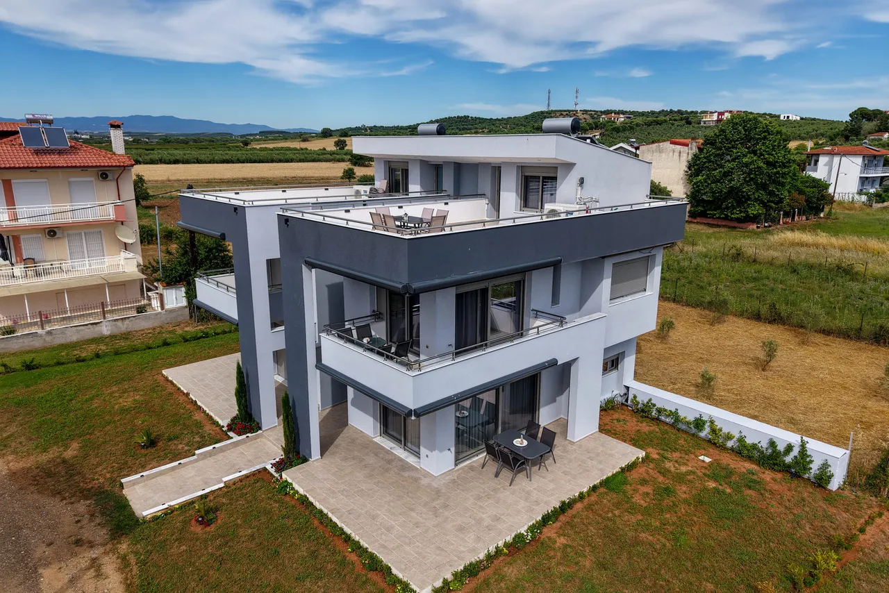 Angled aerial view of Pearl Luxury Suites